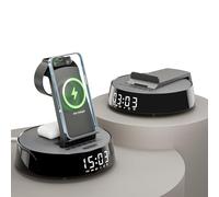 Wireless Charger iphone, Radio Alarm Clock with Wireless Charging Station, Bluetooth Speaker with Dimmable Night Light, 18W Fast Charger Stand for iPhone and Samsung, Apple Watch, AirPods