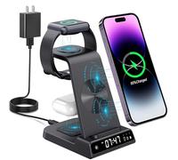 Wireless Charging Station, YiJYi 3 in 1 Watch Charger Stand with Digital Clock Suitable for iWatch SE/6/5/4/3/2/1,AirPods Pro, for iPhone 15/14/13/12/11 Pro Max/XS/XR/X/8/Samsung S23/S22/S21