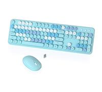 Wireless Computer Keyboard and Mouse Combo, COVEVA Colorful Typewriter Retro Keyboard with Round Keycaps, USB Keyboard and Mouse Set 2.4GHz Full-Size for Windows Mac PC Laptop（Blue-Colorful）