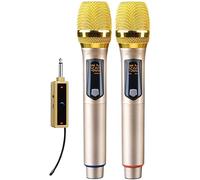Wireless Dynamic Microphone System - Rechargeable Cordless Set with Mini Portable Receiver and 2 Handheld LED Display Mics for Karaoke Night