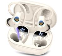 Wireless Earbuds, Bluetooth 5.3 Headphones with 4 ENC Noise Canceling Mic, 50H Stereo Dual LED Display Ear Buds, Sport Wireless Earphones with Earhooks, IP7 Waterproof Wireless Headphones, White