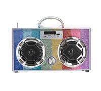 Wireless Express - Mini Boombox with LED Speakers -Retro Bluetooth Speaker w/Enhanced FM Radio - Perfect for Home and Outdoor (Rainbow Bling)