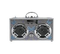 Wireless Express Portable Party Speaker: Retro Boombox with Bluetooth, LED Light Show, Upgraded FM Radio, Rechargeable Battery (Butterfly Silver Bling)
