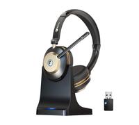 Wireless Headset, Bluetooth Headset With Microphone Noise Canceling & USB Dongle, On Ear Headphones with Charging Dock & 50hrs Working Time for Computer/Mobile Phones/Ms Teams/Skype/Zoom/Office