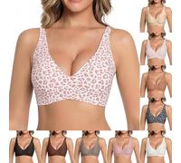 Wireless Jelly Bras For Women UK Leopard Print Deep V Push Up Bra Seamless Non Wired Full Coverage T-Shirt Bra Soft Comfort Ladies Everyday Bras Sleep Sports Bralettes With Adjustable Straps