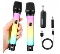 Wireless Karaoke Microphone Set with Receiver, 2 RGB Light Up Handheld Mics with LED Display, Rechargeable 2.4G Wireless, Noise Reduction, Plug and Play, 6.35mm/3.5mm for Parties Church Wedding,Stage