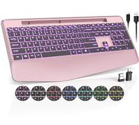 Wireless Keyboard, 7 Colored Backlits, Wrist Rest, Phone Holder-Rose gold