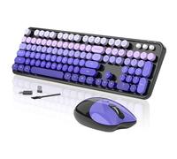 Wireless Keyboard and Mouse, 104 Round Keycaps Retro Typewriter with OTG & Brush, Full-Size Ergonomic, Ideal for Windows PC, Home, Office and College Purple Pink