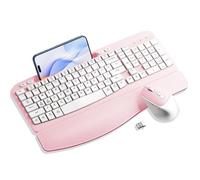 Wireless Keyboard and Mouse Combo, 2.4G Quiet Keyboard Mouse Set, Ergonomic Keyboard with Cushioned Wrist, Wave Keys, Phone Tablet Holder, Natural Typing for Windows, Mac, Laptop, PC (Pink)