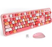 Wireless Keyboard and Mouse Combo, 2.4G Silent Cute Colorful Ergonomic Compact Keyboard Mouse, 104 Round Retro Typewriter Keycaps Keyboard with Number Pad for Computer, PC, Laptop, Desktop(Pink)