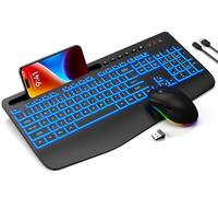 Wireless Keyboard and Mouse Combo- 7-Color Backlit, Wrist Rest, Rechargeable, Silent Light-Up Keys, RGB Mouse, Ergonomic Full Size Keyboard with Phone Holder for Windows, Mac, PC, Laptop - Trueque
