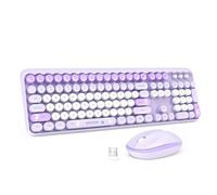 Wireless Keyboard and Mouse Combo, Colorful RetroTypewriter Keyboard with Cute Bunny Round Keycaps, Full-Sized 2.4GHz Cordless Office Keyboard and Quiet Mouse for Mac/Win/Computer/Laptop, Purple