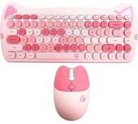 Wireless Keyboard and Mouse Combo, Cute Cat Keyboard and Mouse Set, 2.4G Cordless Computer Mice with USB Receiver for Laptop/PC/MAC (Cherry Blossom Pink)