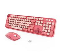 Wireless Keyboard and Mouse Combo - Cute Round Keycaps Full-Size Retro Typewriter Keyboard with 2.4GHz, Plug & Play for Windows/Laptop/PC/Notebook/Smart TV and More (Hot Pink)