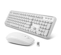 Wireless Keyboard and Mouse Combo - Cute Round Keycaps, Full-Size Retro Typewriter Keyboard with 2.4GHz Plug & Play, for Windows 11/10/7, Laptop, PC, Notebook, Smart TV (White)