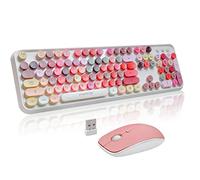 Wireless Keyboard and Mouse Combo - Cute Round Keycaps, Full-Size Retro Typewriter Keyboard with 2.4GHz Plug & Play, for Windows 11/10/7, Laptop, PC, Notebook, Smart TV (White Color)