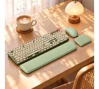 Wireless Keyboard and Mouse Combo, Dual Wrist Rest, Tri-Mode Typewriter | Rechargeable, BT/2.4G/Wired, Multi-Device, Retro Round Keycaps, Knob, Full-Size Set for Mac, Win, PC, Laptop, Green-EWEADN