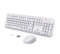 Wireless Keyboard and Mouse Combo, Ergonomic Full Size Typewriter Retro Round Keycaps Keyboard, Compatible with Windows, PC, Perfer for Home and Office Keyboards（White）