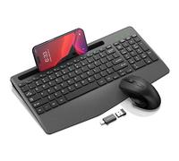 Wireless Keyboard and Mouse Combo, Ergonomic Keyboard with Wrist Rest, Phone Holder, Sleep Mode, 2.4G No Delay, Rechargeable, Compact, Quiet, Wireless, for Windows, Mac,