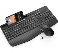 Wireless Keyboard and Mouse Combo, Full-Size Ergonomic Keyboard with Wrist Rest, Phone Holder, Sleep Mode, Silent 2.4GHz Cordless Set for Computer, Laptop, PC, Mac, Windows (Black) (Deep Black)
