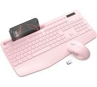 Wireless Keyboard and Mouse Combo, Full-Size Ergonomic Keyboard with Wrist Rest, Phone Holder, Sleep Mode, Silent 2.4GHz Cordless Set for Computer, Laptop, PC, Mac, Windows (Pink)