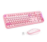 Wireless Keyboard and Mouse Combo, MOWUX Full Size Typewriter Retro Round Computer Keyboard, Cute Optical Mouse Wireless, Plug and Play, for Laptop, PC, Computer- Pink Heart