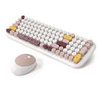 Wireless Keyboard and Mouse Combo, MOWUX - Modern Compact Layout, Colorful Compact Candy Mouse and Retro Round Keyboard Set with Cover, for PC/Laptop/Windows/Mac - Off-White Colorful