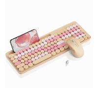 Wireless Keyboard and Mouse Combo, Retro Round Keycaps, Cute Full-Size Typewriter Keyboard with Phone Holder, Sleep Mode, Click Soft, 2.4GHz Cordless Connection for Windows/PC/Laptop (Milk Tea-Color)