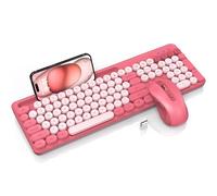 Wireless Keyboard and Mouse Combo, Retro Round Keycaps, Cute Full-Size Typewriter Keyboard with Phone Holder, Sleep Mode, Click Soft, 2.4GHz Cordless Connection for Windows/PC/Laptop (Pink-Colorful)