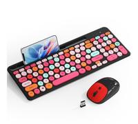 Wireless Keyboard and Mouse Combo, Retro Typewriter Wireless Keyboard with Round Keycaps, 2.4GHz Full-Size USB Cute Wireless Keyboard Mouse for Computer, Desktop, Laptop and Computer (Black-Colorful)