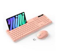 Wireless Keyboard and Mouse Combo, Soueto 2.4G Full-Sized Computer Keyboard with Phone Tablet Holder, 22 Multimedia Shortcuts, Numeric Keypad, 6 Button Silent Mouse for Windows, Mac (Cherry Pink)