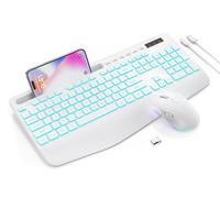 Wireless Keyboard and Mouse Combo with 7 Colored Backlits, Wrist Rest, Rechargeable Ergonomic Keyboard with Phone Holder, Silent Lighted Full Size Combo for Windows, Mac, PC, Laptop-Trueque (White)