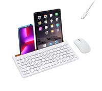 Wireless Keyboard and Mouse Combo with Phone Tablet Holder, Rechargeable Dual-Mode (Bluetooth 5.0 and 3.0 +2.4G) Multi-Device Silent Mouse for Windows, iPad, Tablet, MacOS,iOS,Android (White)