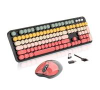 Wireless Keyboard and Mouse, MOFII 104 Round Keycaps Retro Typewriter with OTG & Brush, Full-Size Ergonomic, Ideal for Windows PC, Home, Office and College Rainbow Red