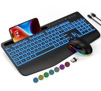Wireless Keyboard and Mouse Set, 7 Colored Backlit, Wrist Rest, Rechargeable Ergonomic Keyboard with Phone Holder, Silent Lighted Full Size Combo for Windows, Mac, PC, Laptop-SABLUTE (Black)