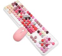 Wireless Keyboard Mouse Combo, 2.4GHz USB Wireless Typewriter Keyboard with 104 Retro Round Key, Full Size Office Computer Keyboard and Cute Mouse with 3 DPI for PC Laptop Desktop-Pink Colorful