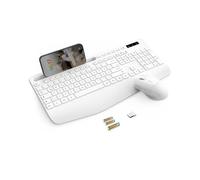 Wireless Keyboard Mouse Set, 2.4G No Latency Ergonomic Keyboard Wireless Set, Wrist Rest, Phone Holder, Battery Included, Quiet Mouse and Keyboard for Laptop, PC, Windows White