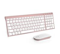 Wireless Keyboard Mouse Set, Ultra Thin Rechargeable Wireless Keyboard with Numeric Keypad and Quiet Wireless Mouse, QWERTZ German Layout for PC/Laptop/Smart TV, etc., White & Rose Gold