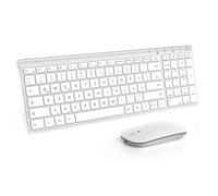 Wireless Keyboard Mouse Set, Ultra Thin Rechargeable Wireless Keyboard with Numeric Keypad and Quiet Wireless Mouse, QWERTZ German Layout for PC/Laptop/Smart TV, etc., White and Silver