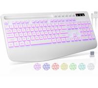 Wireless Keyboard with 7 Colored Backlit, Wrist Rest, Phone Holder, Rechargeable Ergonomic Computer Keyboard with Silent Keys, Full Size Lighted Keyboard for Windows, MacBook, PC, Laptop (White)