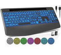 Wireless Keyboard with 7 Colored Backlits, Wrist Rest, Phone Holder, Rechargeable Ergonomic Computer Keyboard with Silent Keys, Full Size Lighted Keyboard for Windows, Mac, PC, Laptop (Large Print)