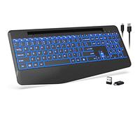 Wireless Keyboard with 7 Colored Backlits, Wrist Rest, Phone Holder, Rechargeable Ergonomic Computer Keyboard with Silent Keys, Full Size Lighted Keyboard for Windows, MacBook, PC, Laptop (Black)