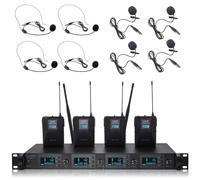 Wireless Lapel Microphone System 4 Lavalier Mic with UHF 4 Channel 4 Bodypack 4 Headset Mics for Karaoke Church Speaking Conference Meeting Party