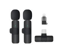 Wireless Lavalier Microphone 2.4GHz 2 in 1 Portable Mini Clip-On Microphone Wireless Compatible with Android Samsung type- C Dual and Apple Lightning 8 Pin (2x microphone)