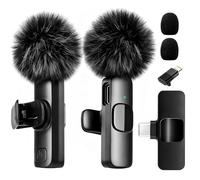 Wireless Lavalier Microphone Bluetooth for iPhone iPad Android, 2 Mini clip on Lapel Mic with Noise Reduction and Crystal Sound Plug-Play Microphone for Video Record, Vlog, TikTok, YouTube，interview