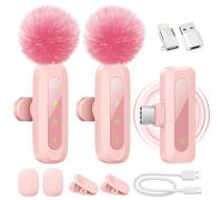 Wireless Lavalier Microphone for iPhone, iPad, Android Phone, 2-Pack Mini Microphone with Noise Reduction, Auto Pairing and Mute & Reverb for Vlogging, Video Recording, TikTok (Pink)