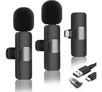 Wireless Lavalier Microphone, Wireless Microphones for iPhone/Android/iPad/Laptop, Clip on Microphone Plug-Play and Noise Reduction, 2 Pack Lapel Mic for Recording, Live Streaming (Black)