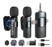 Wireless Microphone Lavalier Lapel Mics , 2 Pack 4-IN-1 Rechargeable Mini Cordless Magnetic Clip Small Microphone 360°Adjustable Noise Canceling with USB, Type C, Lightning Ports, 3.5mm Headphone Plug