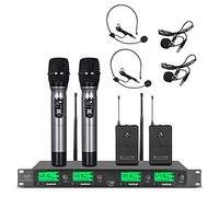 Wireless Microphone System UHF 4 Channel 2 Handheld Mic 2 Headset 2 Lavalier Bodypack 2 Lapel Mic Pro Karaoke System Audio Speaking Conference Wedding Party