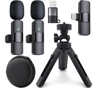 Wireless Microphones for iPhone iPad and Android USB C and Ligthening with Tripod and Leather Case, Clip on Lapel Lavalier Bluetooth Microphone for Video Recording, TikTok, Live Streaming - 2 Mics